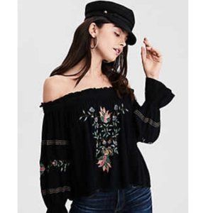 American Eagle Boho Embroidered Off Shoulder Top S